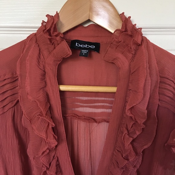 Bebe Vintage Blouse with Ruffles - Sheer Rust/Orange - Picture 3 of 6